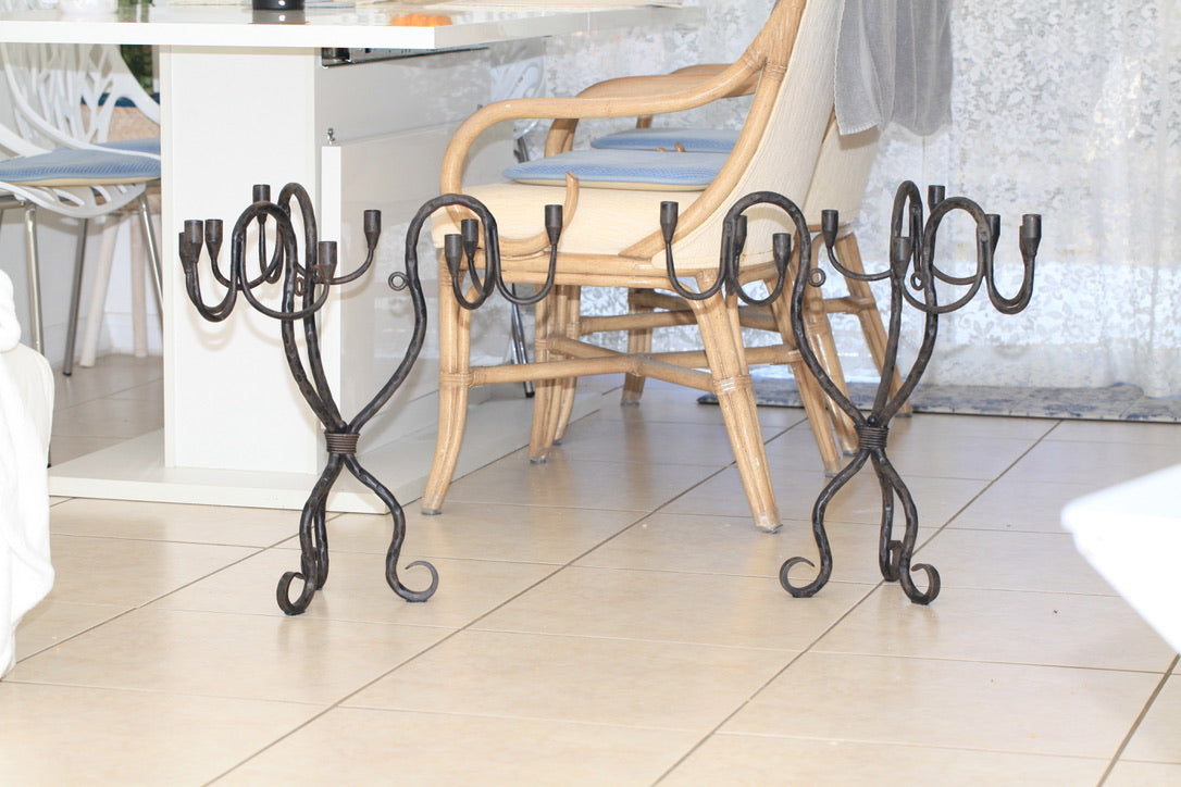 Vintage Hand-Wrought Iron Candelabra Pair · Sculptural Architectural Candle Holders