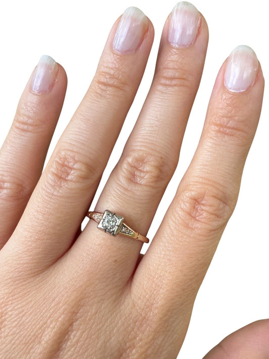 Vintage 1930s Art Deco ArtCarved 14K two-tone diamond ring with old European cut illusion head on hand