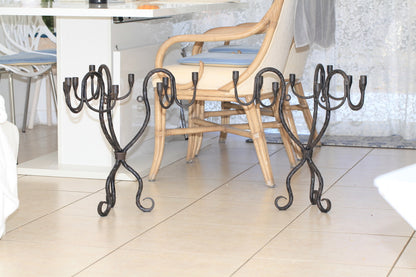 Vintage Hand-Wrought Iron Candelabra Pair · Sculptural Architectural Candle Holders