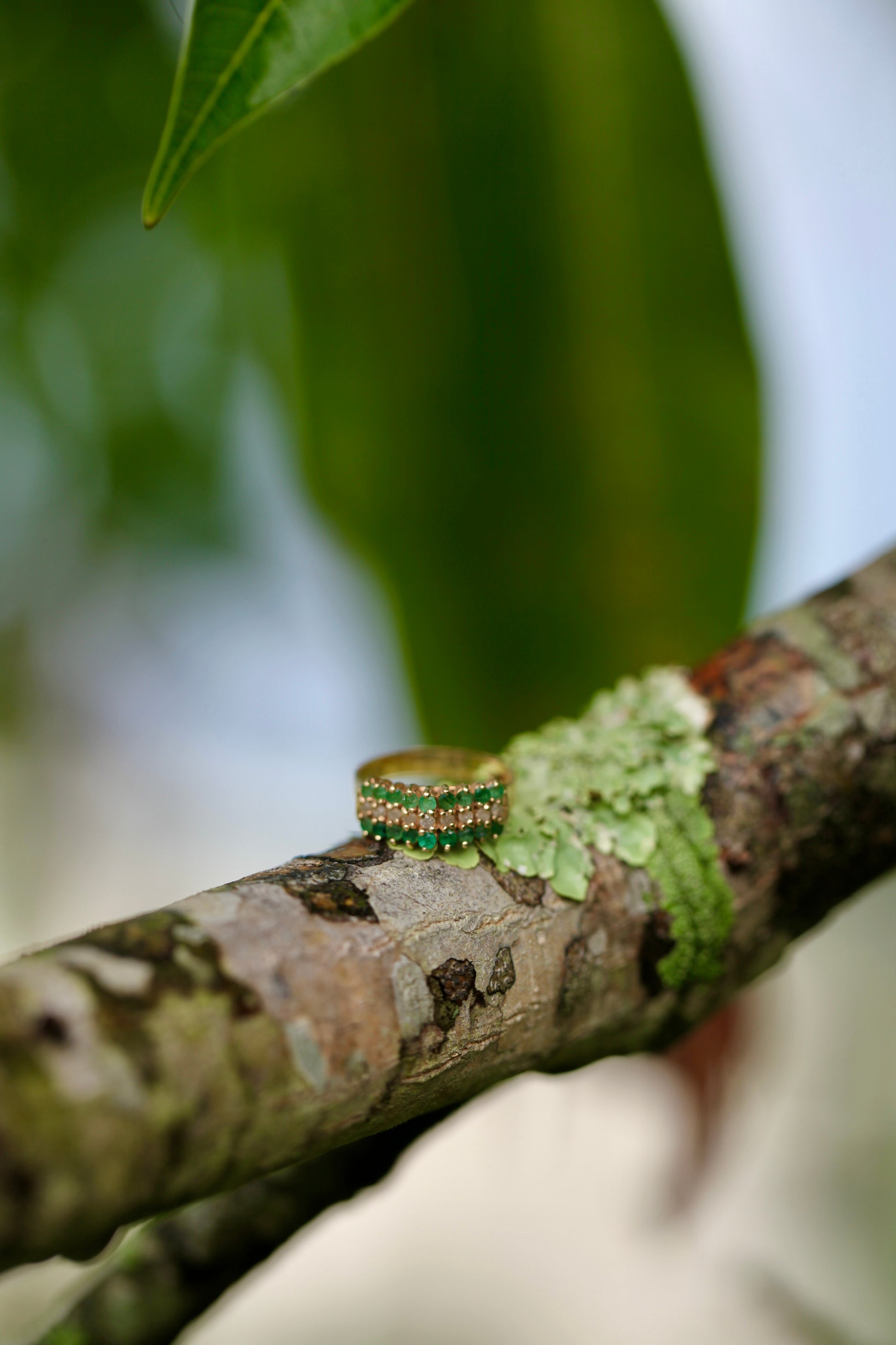 Vintage 14K yellow gold emerald and diamond pyramid cocktail ring resting on a mossy branch with green leaves in background