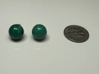Pair of green malachite stud earrings shown beside a U.S. dime for size reference

