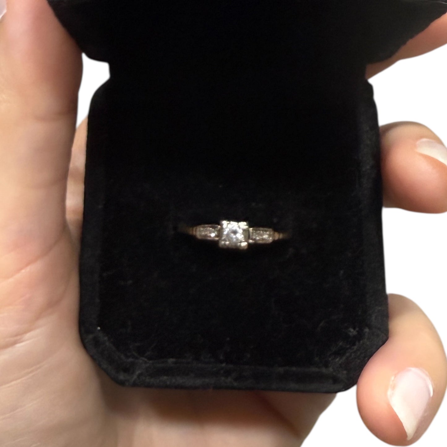 1940s vintage 14K two-tone diamond engagement ring displayed in black velvet ring box