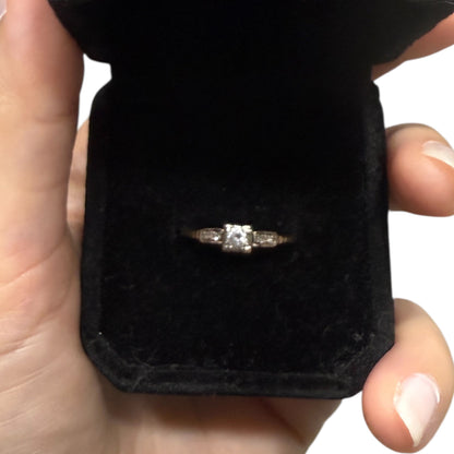 1940s vintage 14K two-tone diamond engagement ring displayed in black velvet ring box