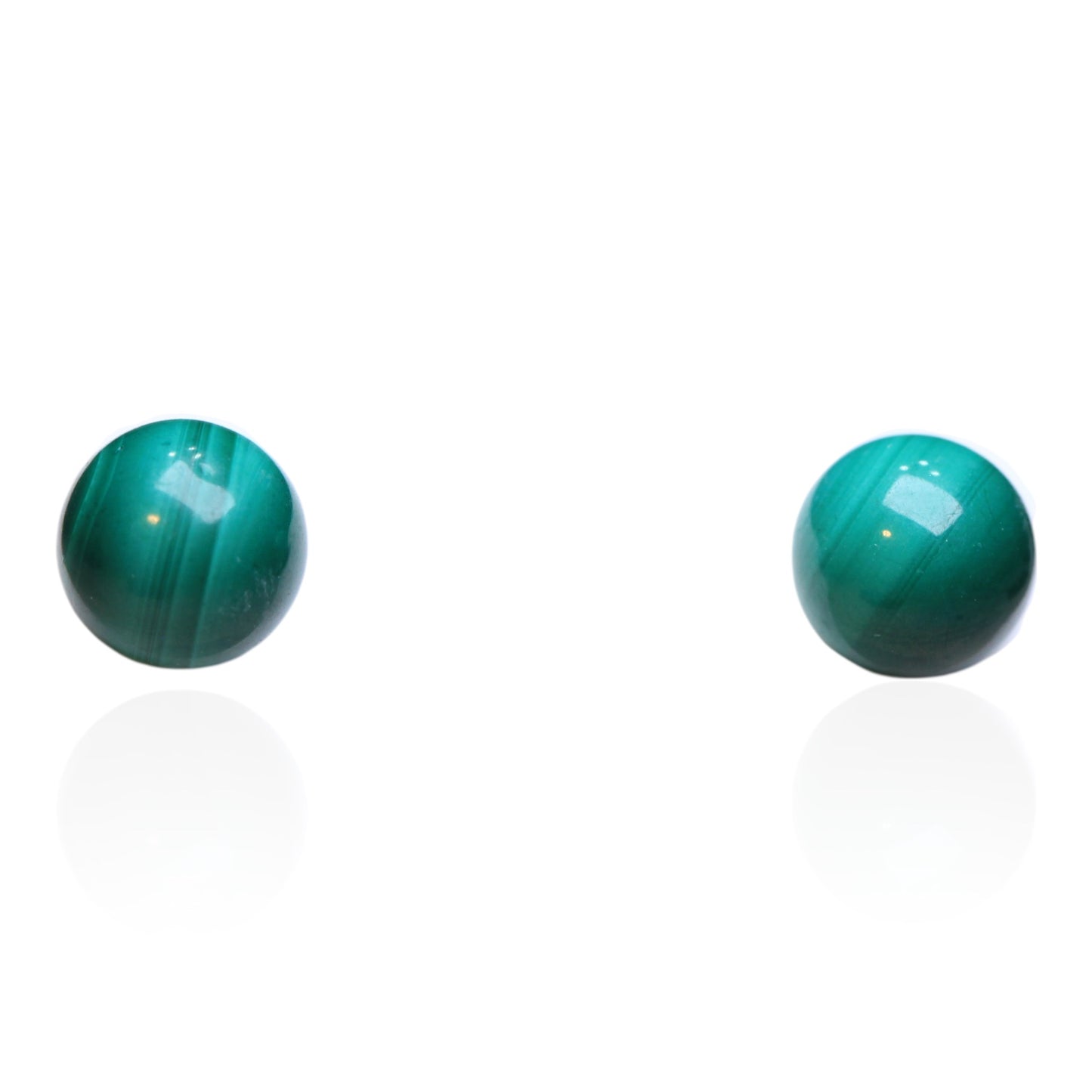 Vintage 1980s 10mm natural malachite stud earrings on white background
