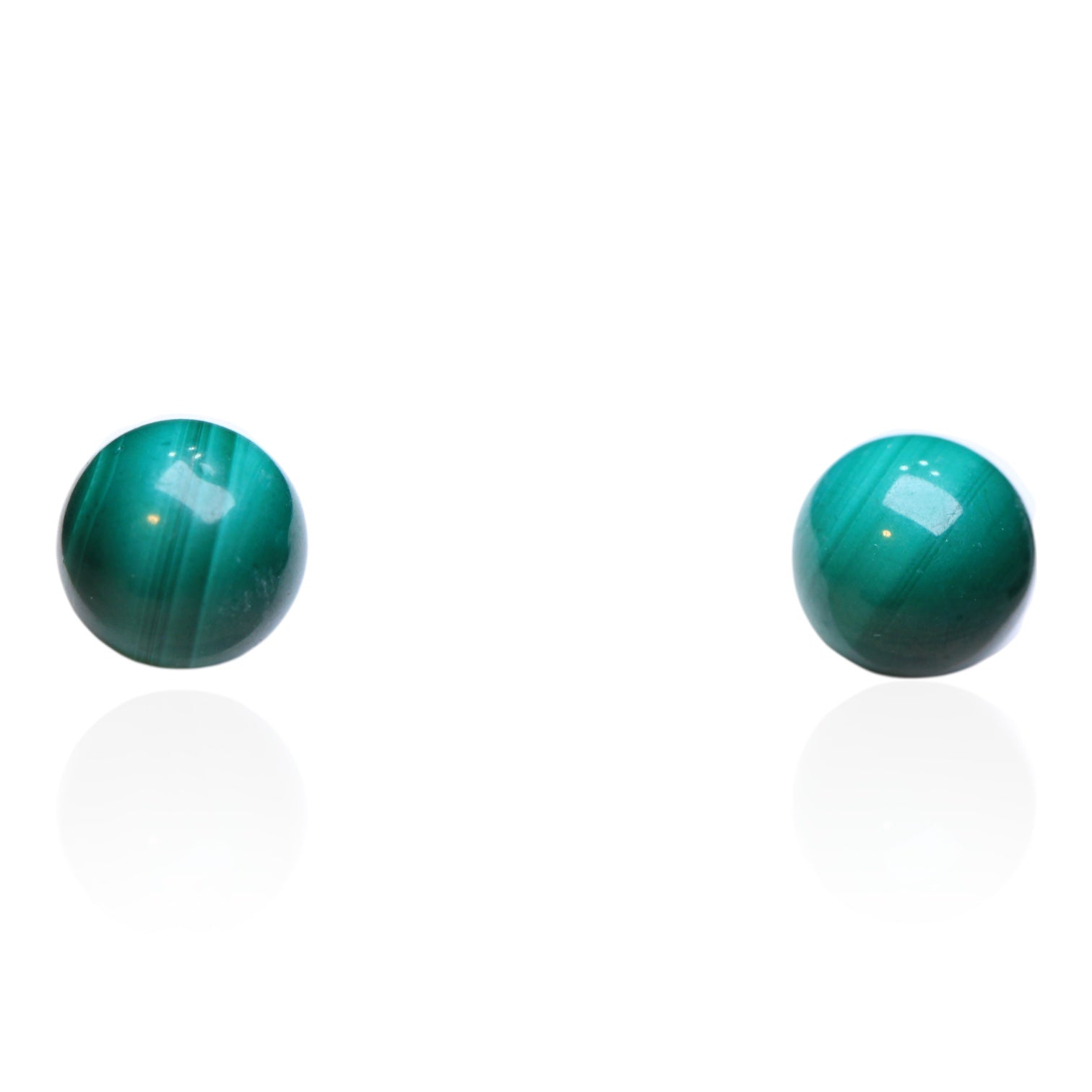 Vintage 1980s 10mm natural malachite stud earrings on white background
