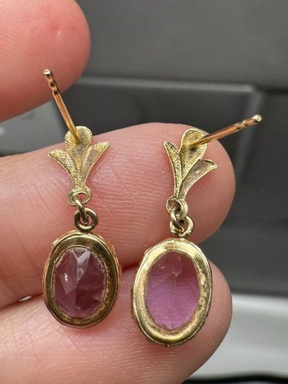 Vintage 14K Yellow Gold Oval Amethyst Pierced Post Dangle Earrings