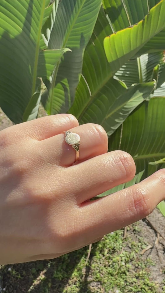 Antique Edwardian 14K gold oval signet ring worn on hand outdoors in natural sunlight