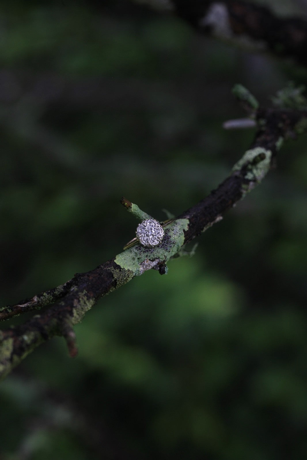 Video of 1950s vintage 10K gold diamond illusion cluster engagement ring with ornate flower motif, rotating under natural light to show sparkle.
