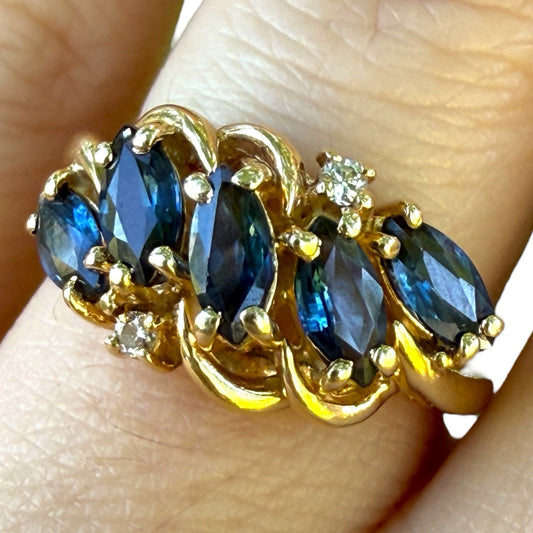 Vintage 1960s 14K Gold Sapphire & Diamond Swirl Bypass Ring, Marquise Blue Sapphires