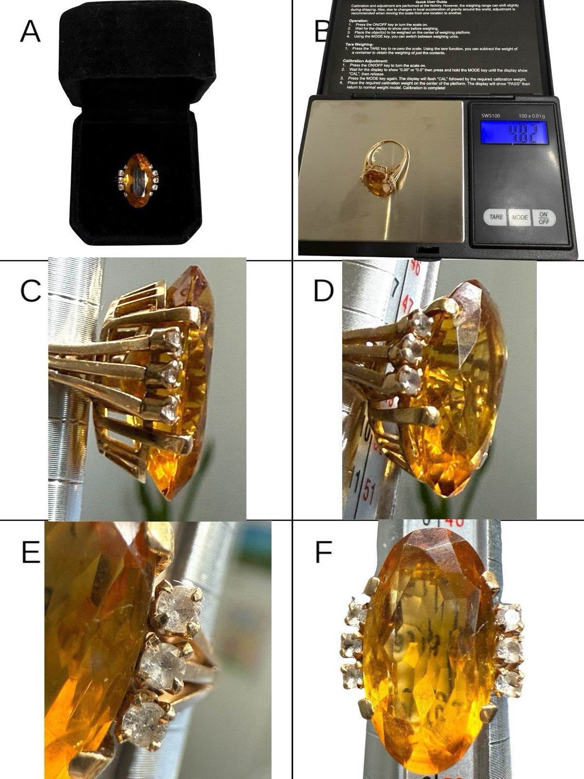Collage of vintage 1950s 14K gold citrine and diamond cocktail ring showing box, weight on scale, and prong details