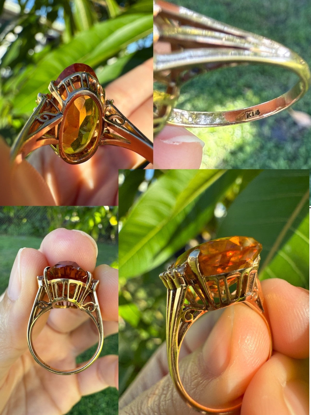 Collage of vintage 1950s 14K gold citrine and diamond cocktail ring showing prong setting, side profile, and K14 stamp