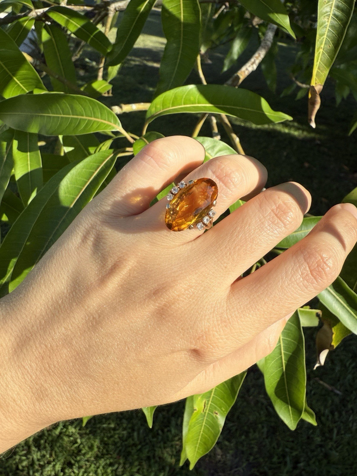 Hand wearing vintage 1950s 14K gold citrine and diamond cocktail ring outdoors against green leaves