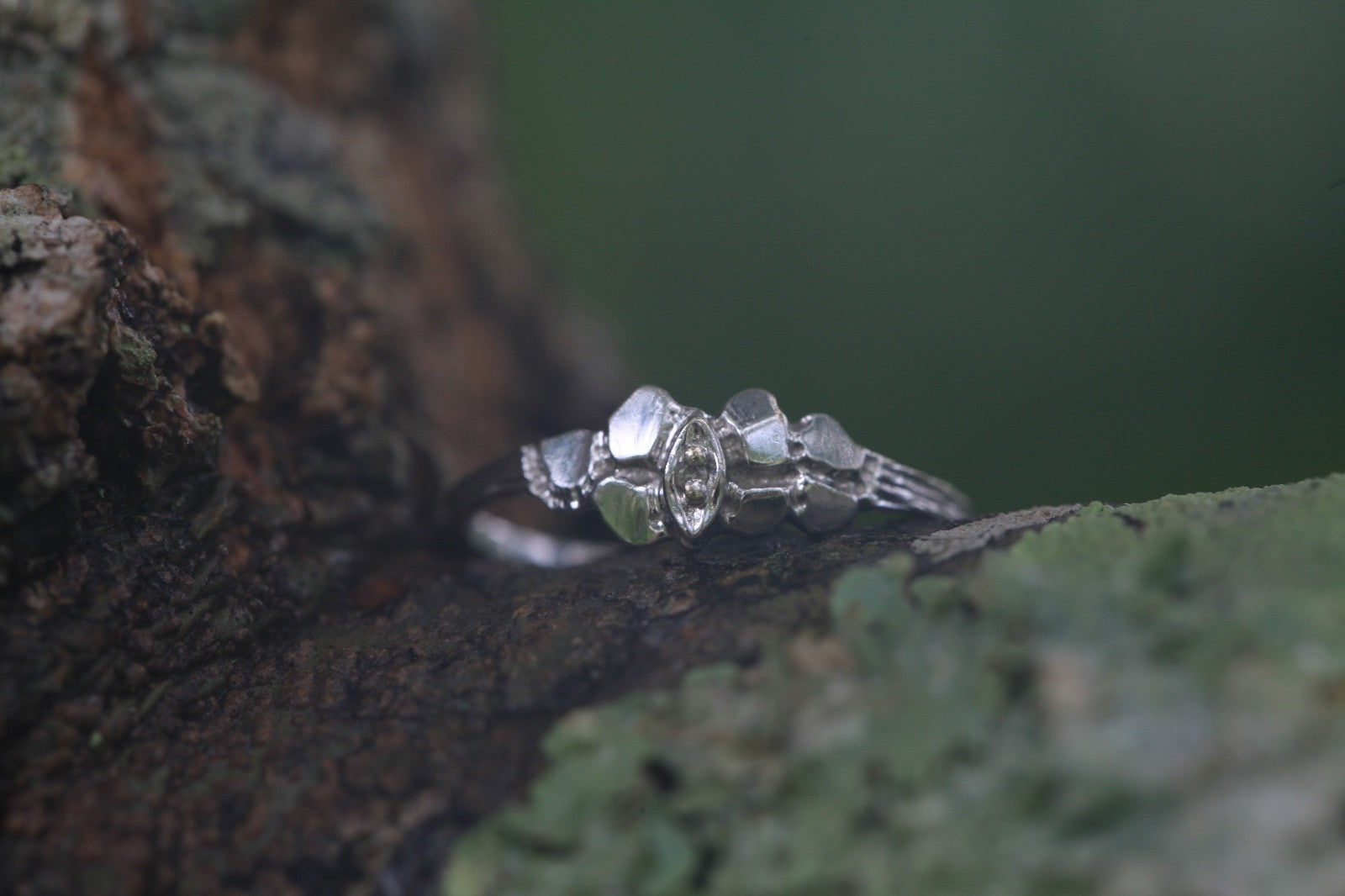 1950s vintage 10K white gold illusion marquise diamond twig band ring displayed on bark with green moss