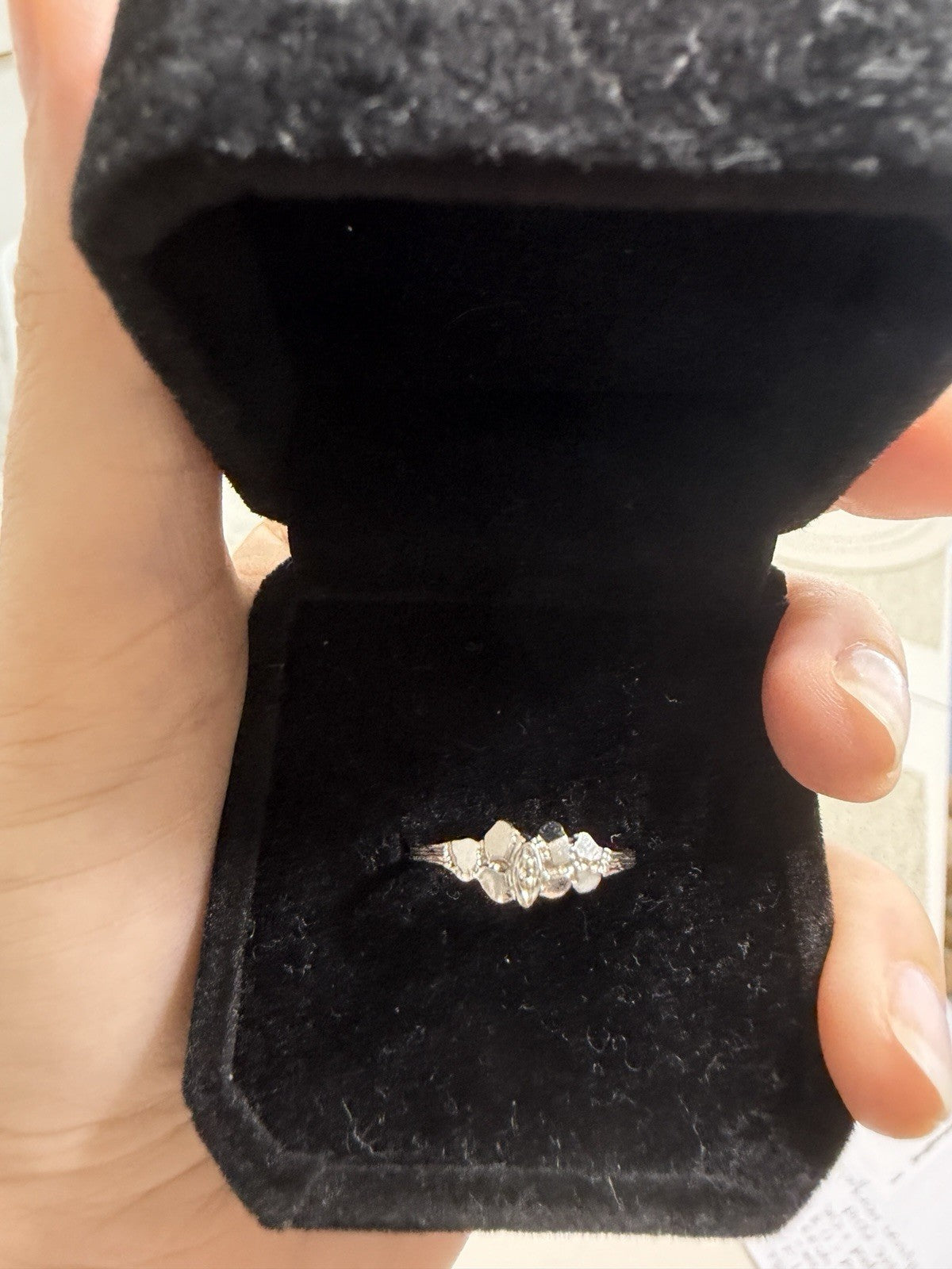 1950s vintage 10K white gold twig band illusion marquise diamond ring in black velvet box, size 5.75