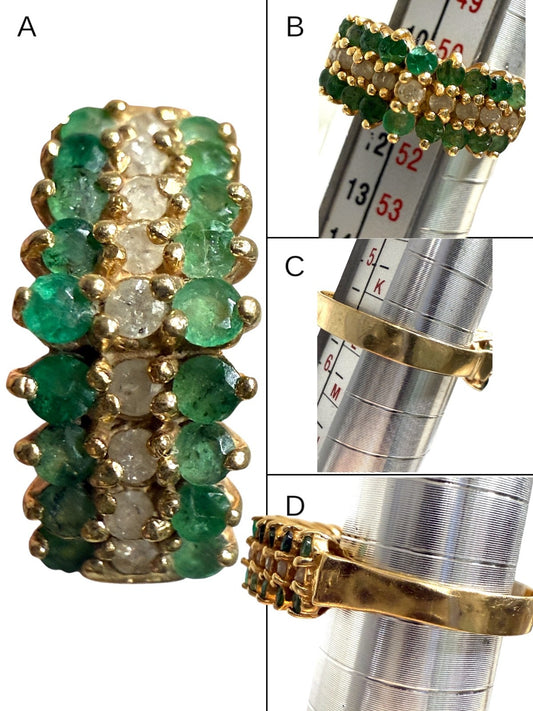 Close-up of vintage 14K yellow gold emerald and diamond pyramid cluster ring with ruler size reference, size 5.75