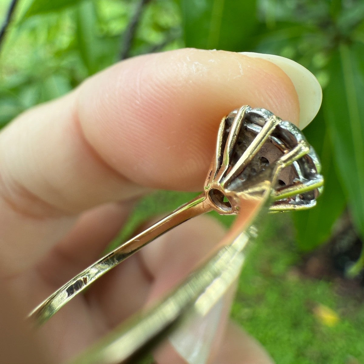 Close-up side profile of 1950s vintage 10K gold diamond illusion cluster ring with ornate basket setting and slim yellow gold band, held between fingers against blurred green background.