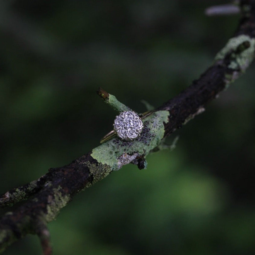 1950s vintage 10K gold diamond illusion cluster ring with flower motif, photographed on mossy branch with blurred green forest background.