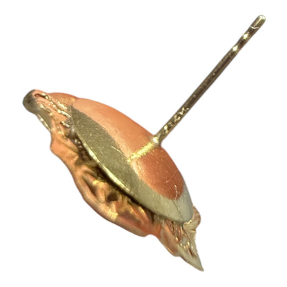 Vintage 14k gold pearl stud earrings shown beside a U.S. quarter for size reference on a white background