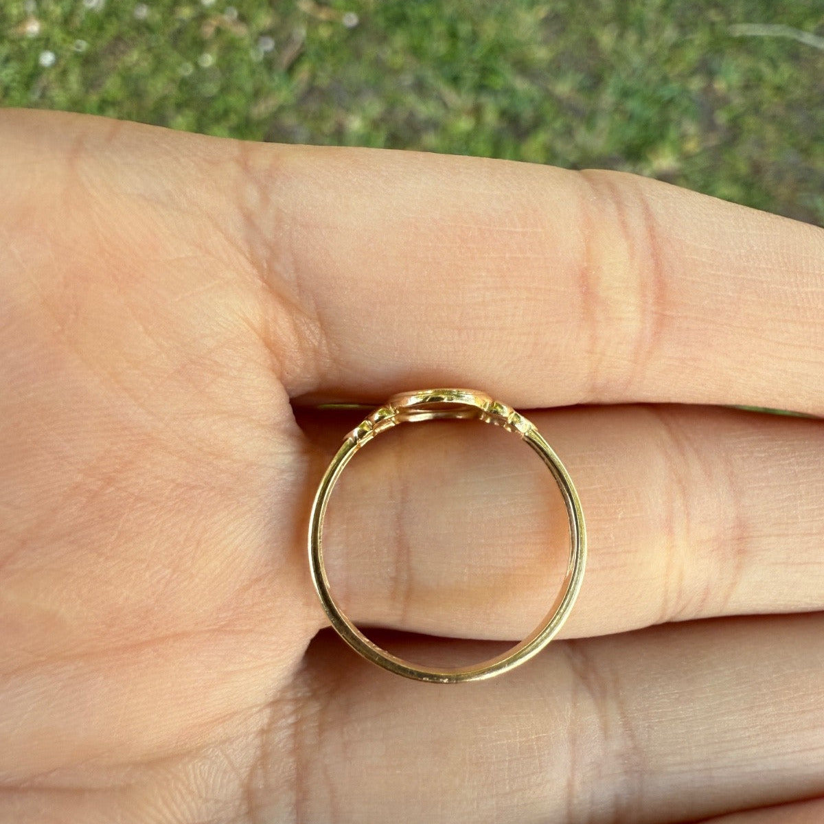 Antique Edwardian 14K gold oval signet ring band shown in hand against natural grass background