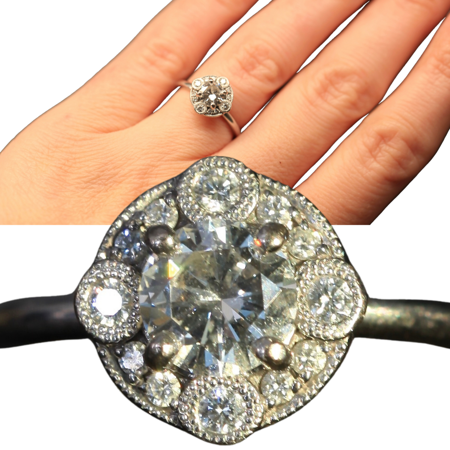 18K white gold diamond ring with halo setting, shown close-up and worn on hand for scale