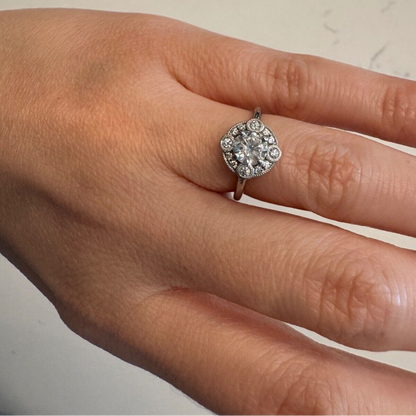 18K white gold diamond ring worn on hand, showing scale and fit
