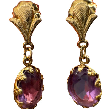 Vintage 14K Yellow Gold Oval Amethyst Pierced Post Dangle Earrings