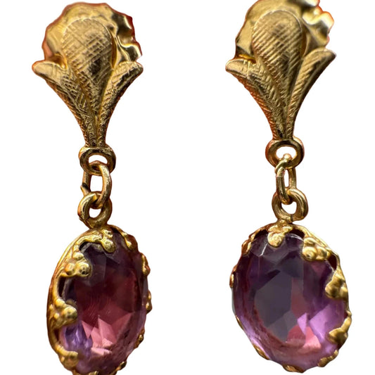 Vintage 14K Yellow Gold Oval Amethyst Pierced Post Dangle Earrings