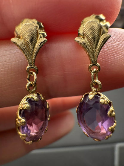 Vintage 14K Yellow Gold Oval Amethyst Pierced Post Dangle Earrings