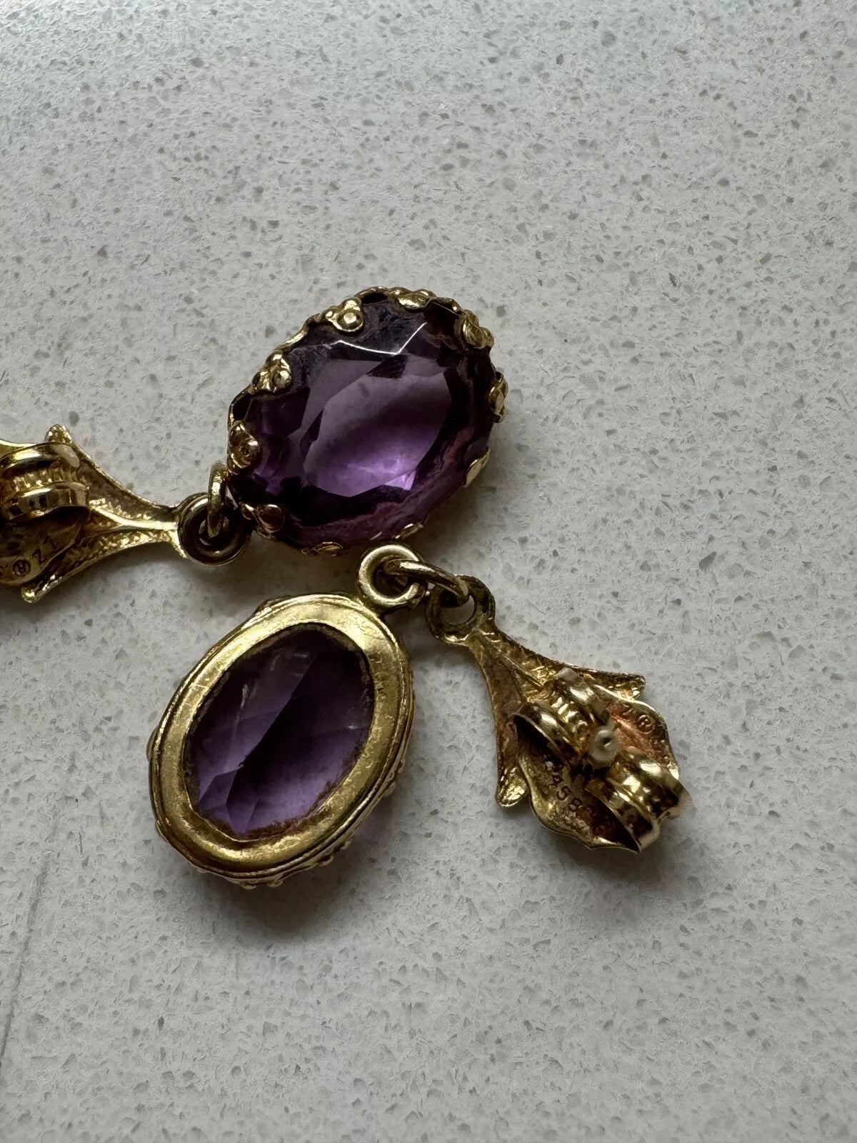 Vintage 14K Yellow Gold Oval Amethyst Pierced Post Dangle Earrings