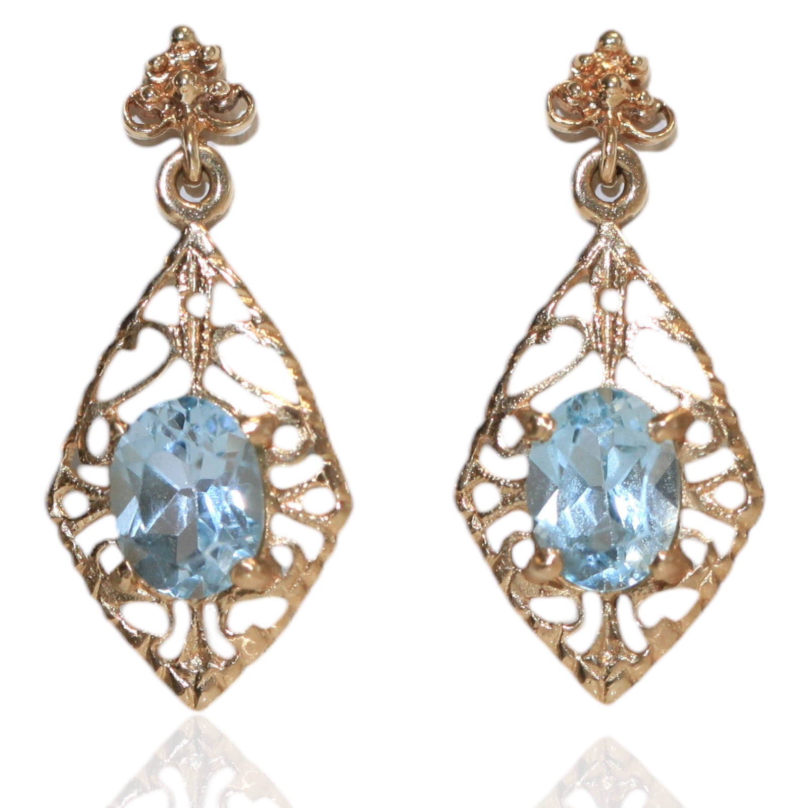 Vintage 14K gold filigree drop earrings with oval aquamarine gemstones on a white background