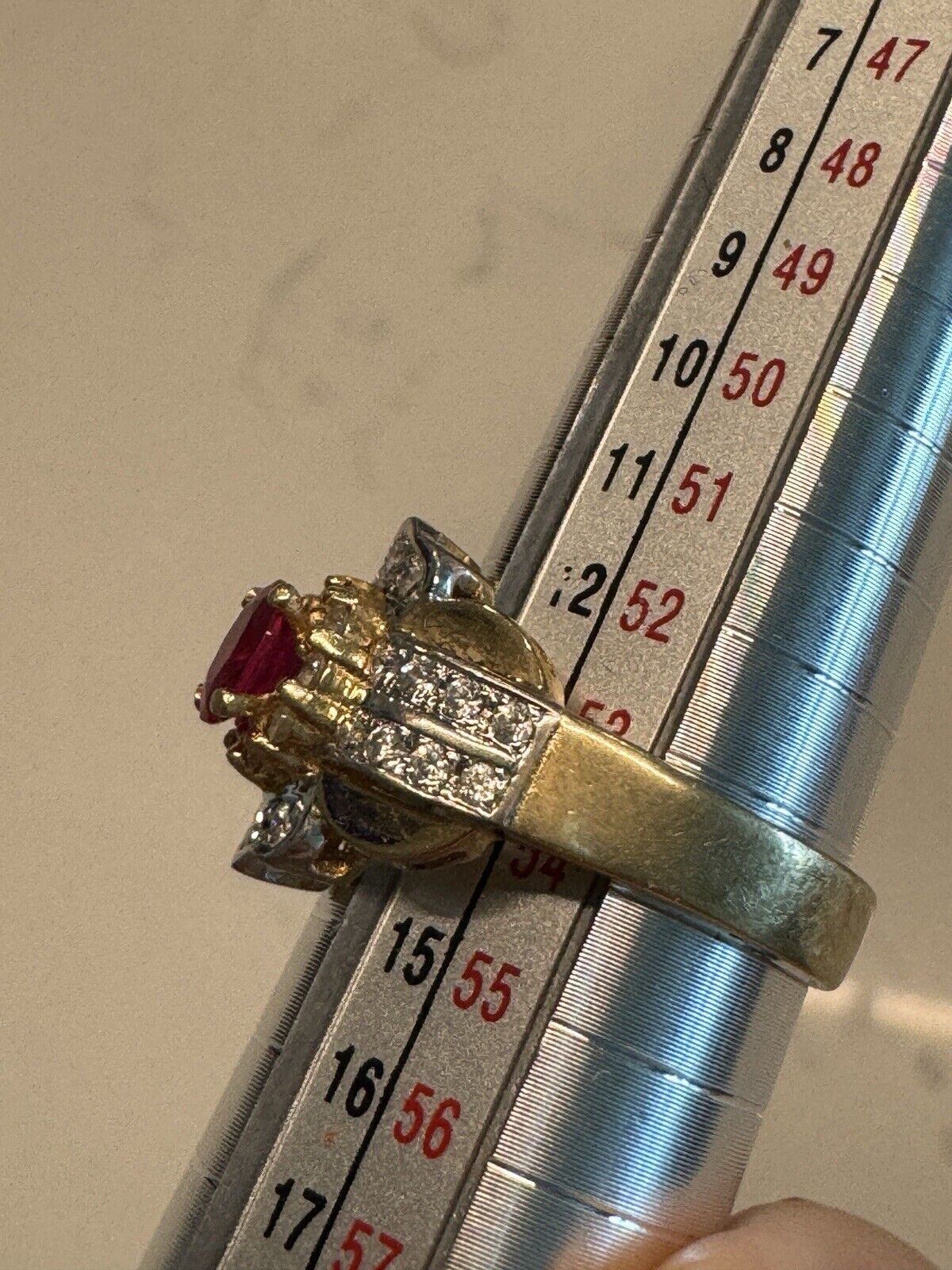 Vintage Romantic 14KT Yellow White Gold Oval Ruby Diamond Ring Size 6 3/4