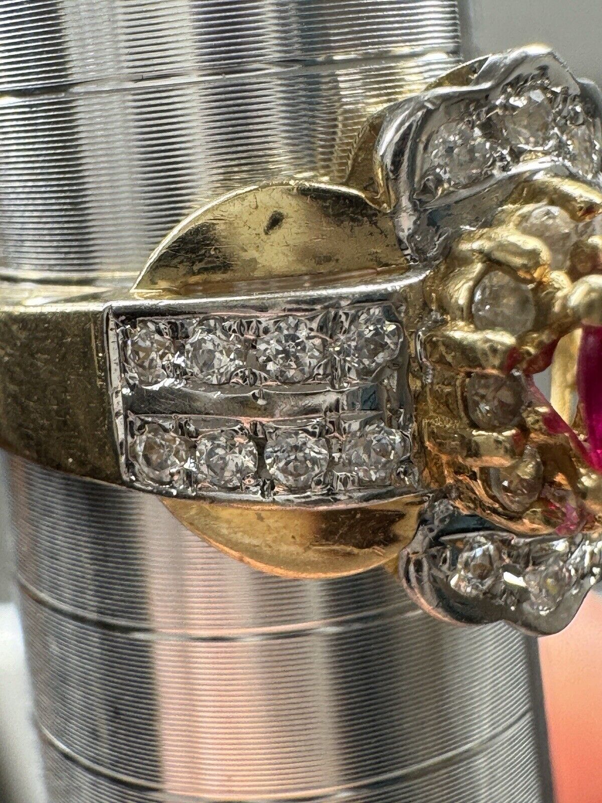 Vintage Romantic 14KT Yellow White Gold Oval Ruby Diamond Ring Size 6 3/4