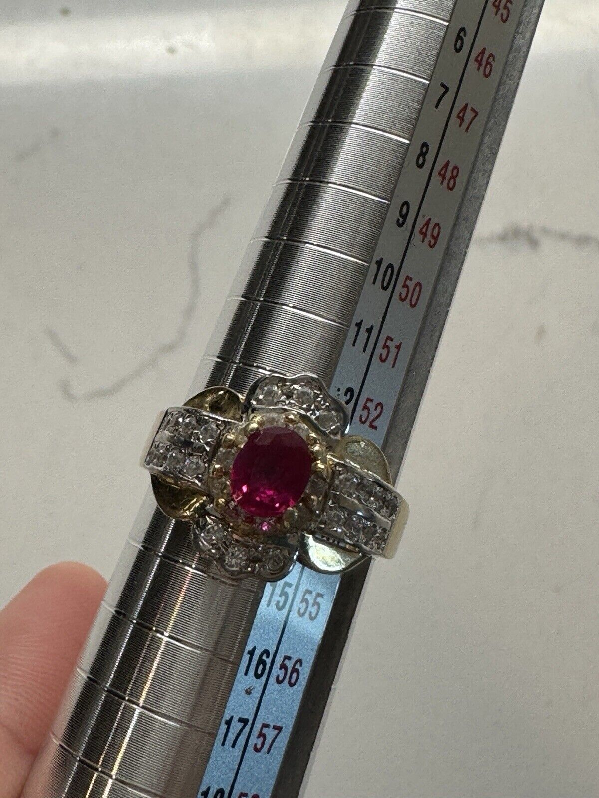 Vintage Romantic 14KT Yellow White Gold Oval Ruby Diamond Ring Size 6 3/4