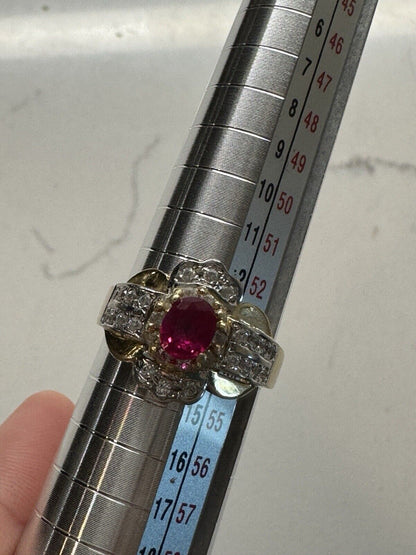 Vintage Romantic 14KT Yellow White Gold Oval Ruby Diamond Ring Size 6 3/4