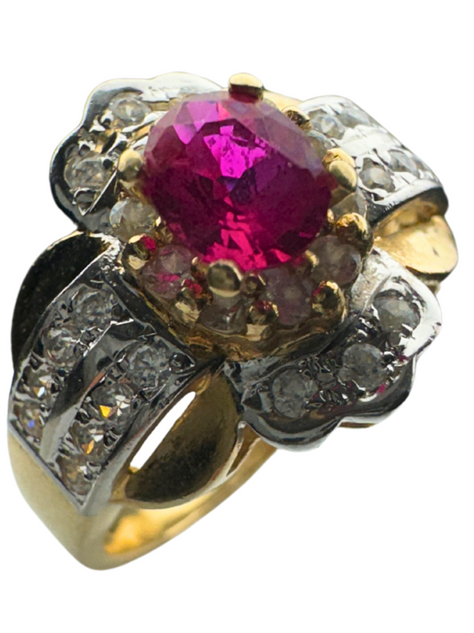 Vintage Romantic 14KT Yellow White Gold Oval Ruby Diamond Ring Size 6 3/4