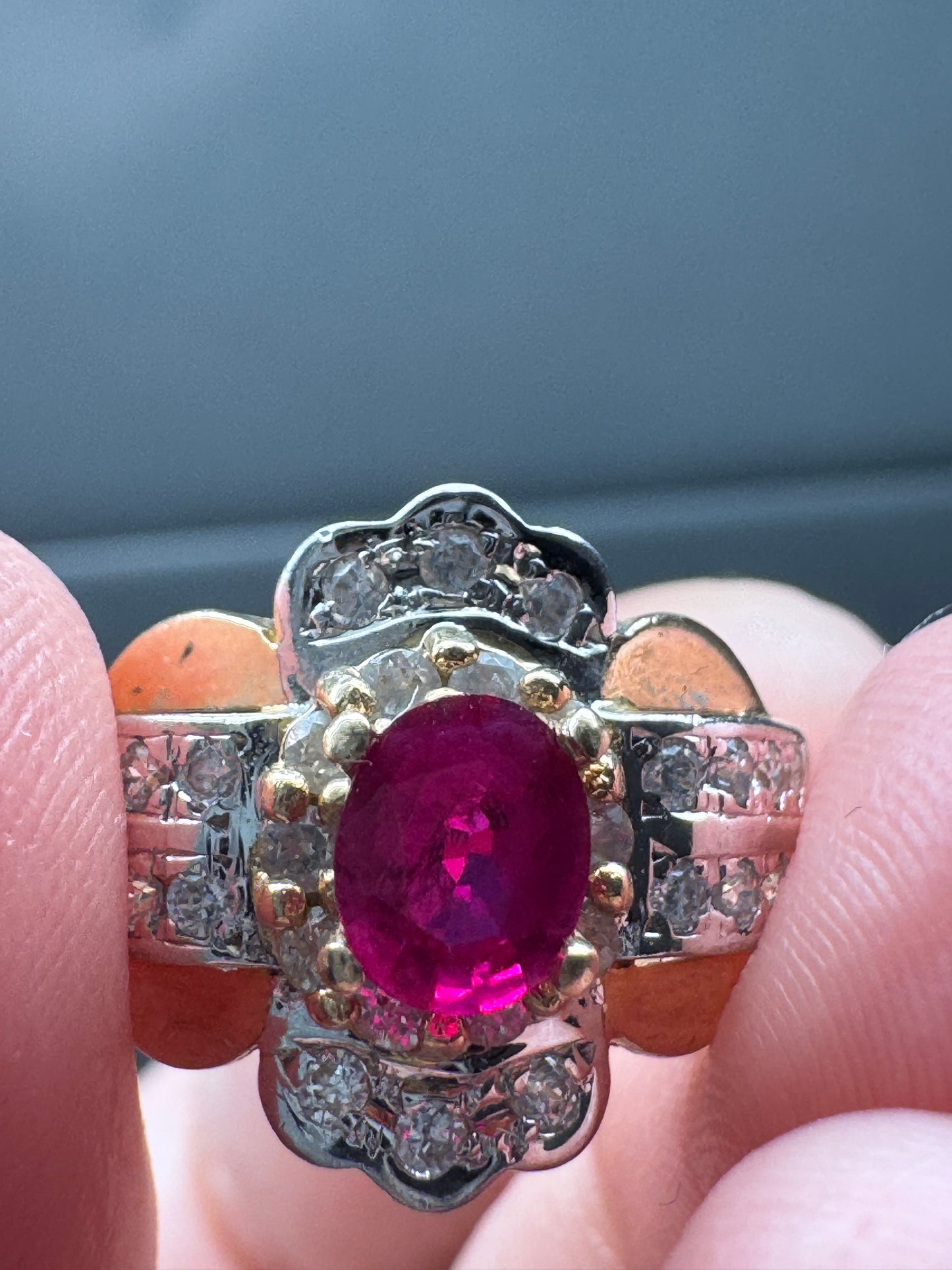 Vintage Romantic 14KT Yellow White Gold Oval Ruby Diamond Ring Size 6 3/4