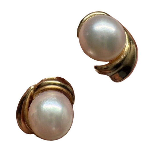 Estate Vintage Round Pearl 14K Yellow Gold Stud Earrings – Elegant Retro Design